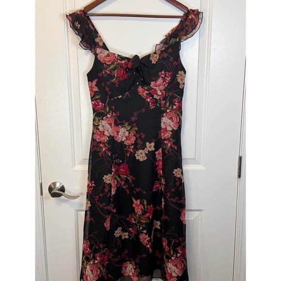 madison leigh Dresses & Skirts - Vintage Madison Leigh Y2K Romantic Black Floral Ruffle Sleeve Midi Dress Size 10